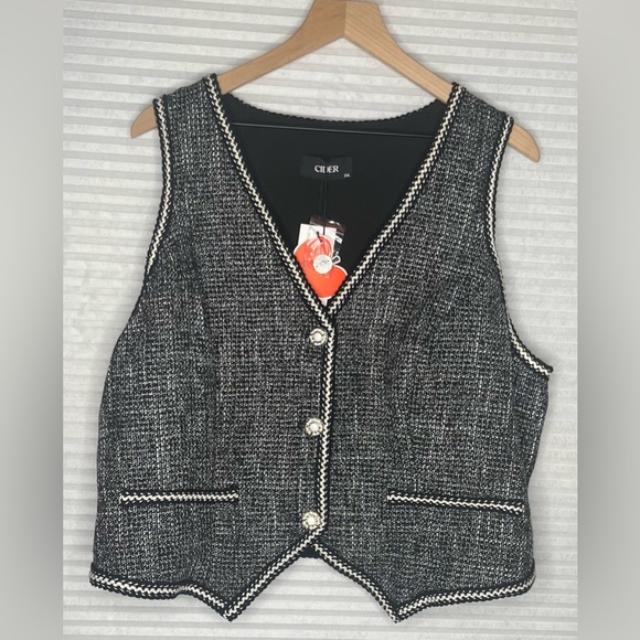 CIDER Tweed V Neck Crop Vest Black White Women’s 2XL Academia Preppy - Picture 10 of 10